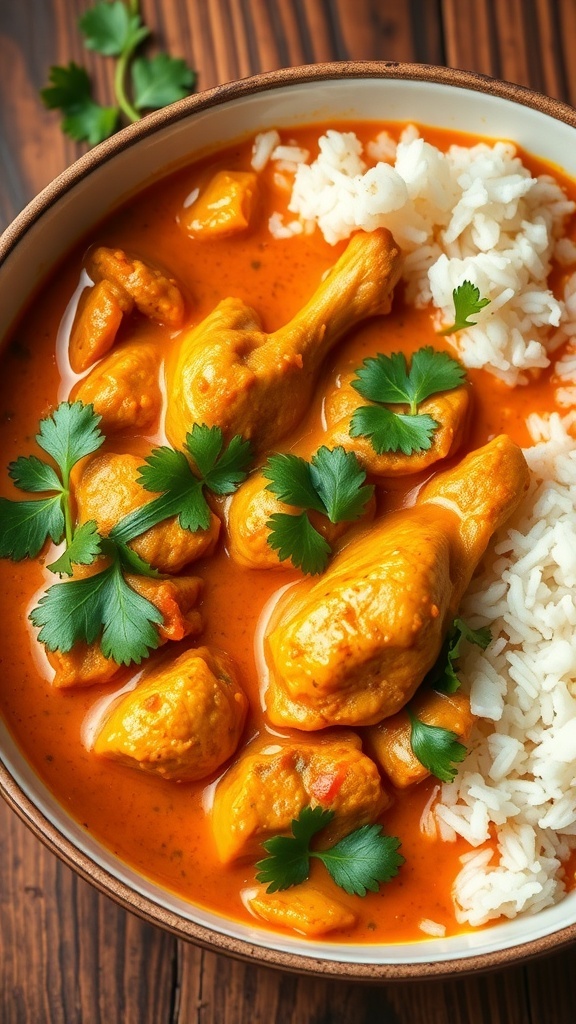 A bowl of spicy chicken curry with cilantro garnish, served with rice on a wooden table.